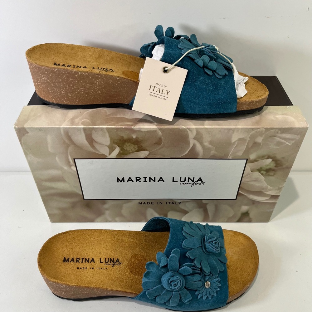 Marina Luna Comfort Floral Wedge Slide Sandals Womens 7.5 Teal Blue Suede Italy